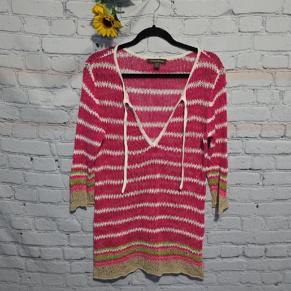 Tommy Bahama Sweater Dress / Coverup Pink White Striped Open Weave Sz M